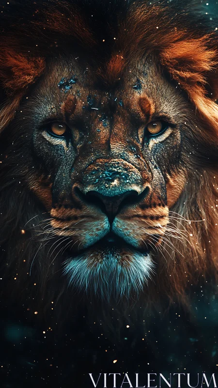 Fiery cosmic lion portrait radiates power in glowing dusk