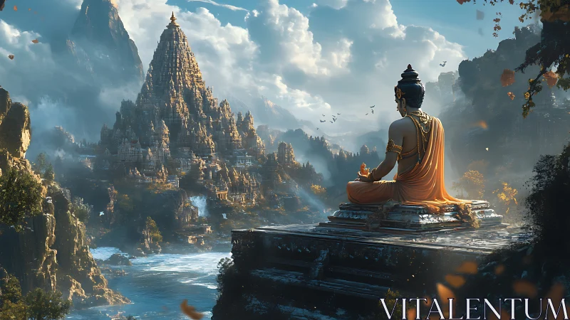 Meditating guardian watching over a misty mountain temple realm.