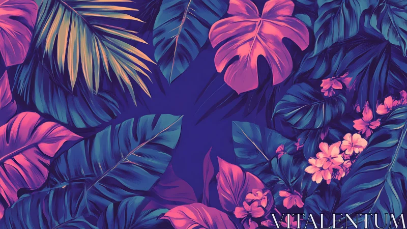 Tropical leaves and flowers form dense neon foliage frame