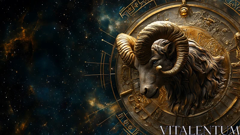 Golden Aries zodiac ram sculpture set against deep space.