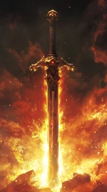 Ornate Sword with Incandescent Blade Engulfed in Photorealistic Fire Simulation