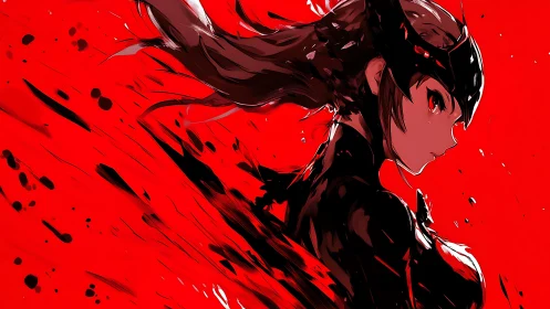 Crimson-clad warrior profile in dynamic ink-splash motion.