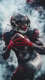 Football player catches ball amid dense sideline smoke