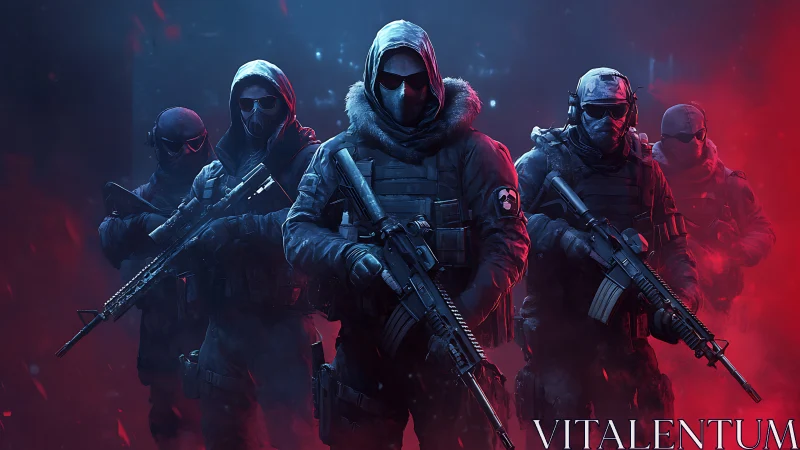 Tactical assault squad in polarized blue red digital painting.