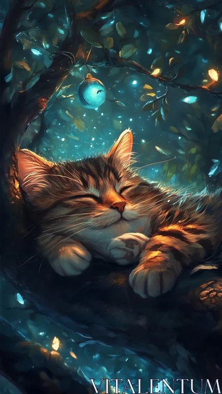 Resting cat beneath illuminated tree with floating particles