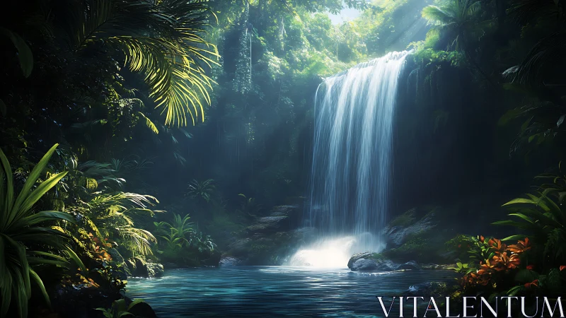 Luminous rainforest waterfall pouring into tranquil lagoon.