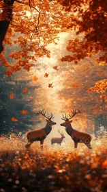 Stag gathering beneath a golden autumn forest glow.