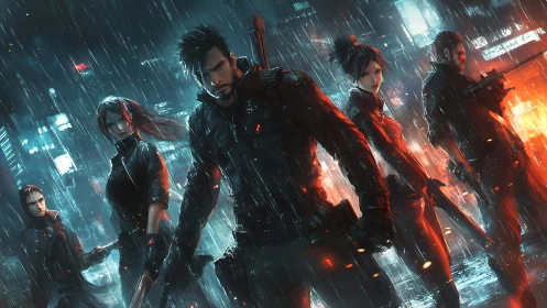 Cyberpunk strike team in neon rain-soaked megacity street