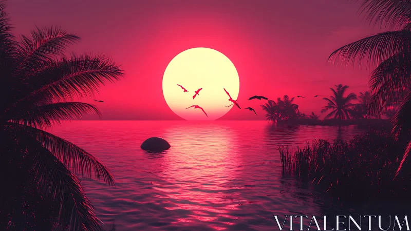 Neon tropic sunset ignites palm silhouettes and quiet tides.