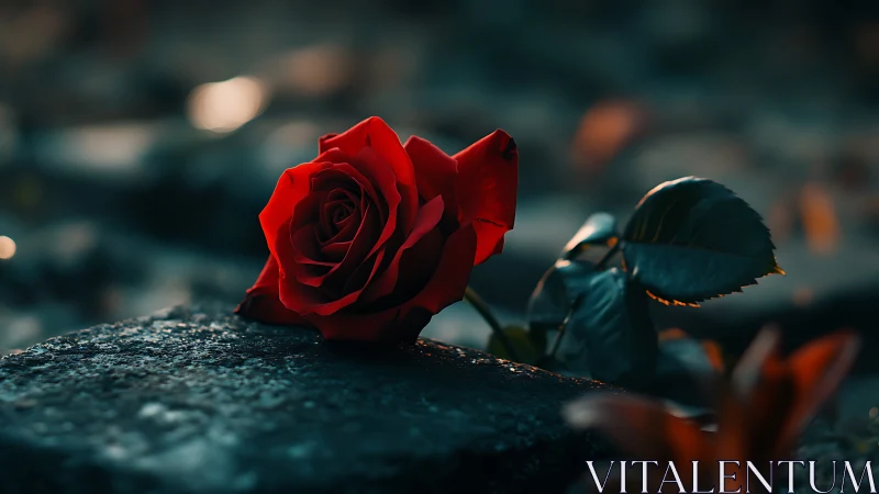 Red rose lying on stone in soft evening light outdoors