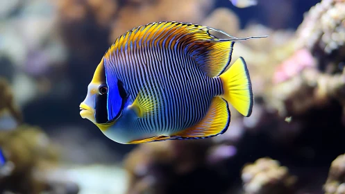 Regal marine angelfish in high-clarity reef aquarium profile