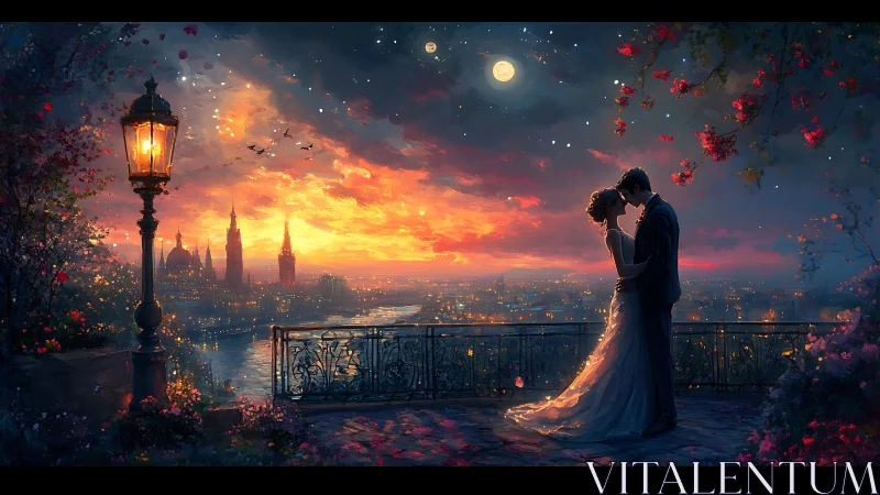 Couple on Terrace Overlooking Cityscape at Sunset