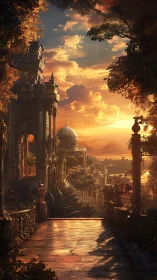 Sunset pavements beneath a slumbering skyward citadel.