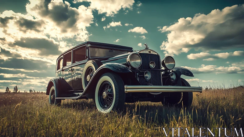 Sunlit vintage sedan lounges proudly in a wild meadow