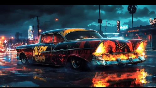 Flaming classic lowrider burns through neon city streets.