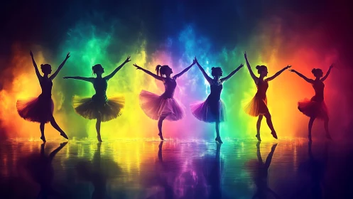 Graceful ballerinas dancing through a luminous rainbow glow.