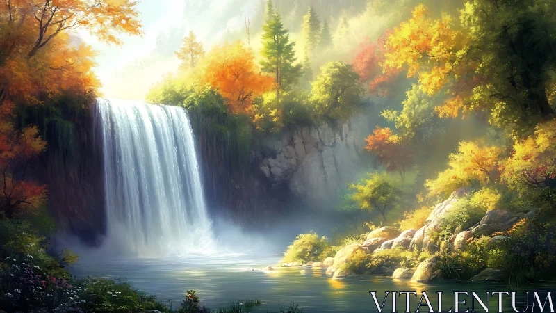 Autumn forest waterfall in misty canyon light with foliage glow