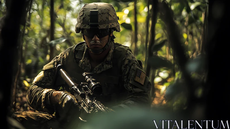 Soldier in camouflage gear maintains position in dense jungle
