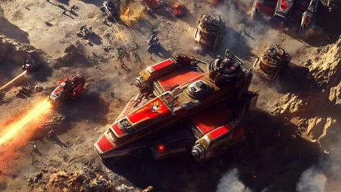 Armored dropship leads a blazing assault in alien canyon.