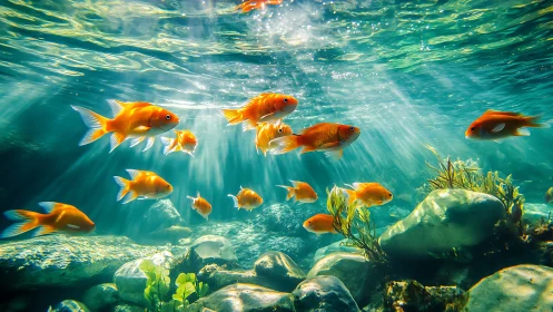 Sunlit goldfish drift through an emerald underwater daydream.