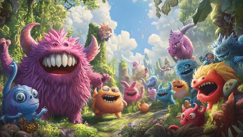 Fluffy monsters crowd lush jungle path under bright sky.