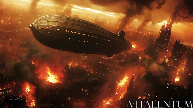 Armored zeppelin over burning dystopian metropolis at dusk