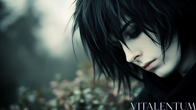 Soft gothic daydreamer in misty garden hush.