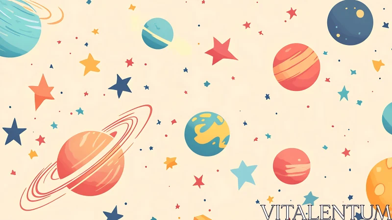 Playful cartoon planets scattered across soft space field.