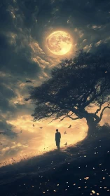 Solitary figure under moonlit sky beside wind-shaped tree.