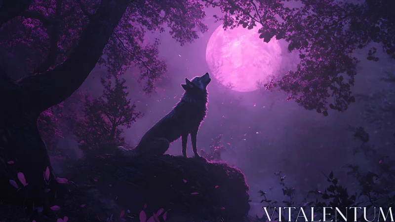 Lunar-lit wolf silhouette in magenta forest digital fantasy scene.