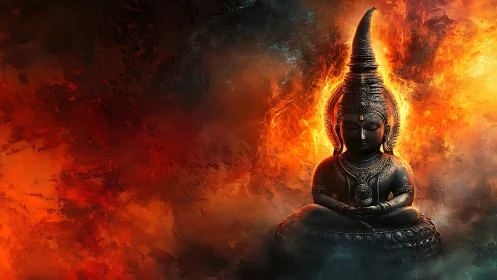 Bronze meditative deity amid infernal plasma vortex field.