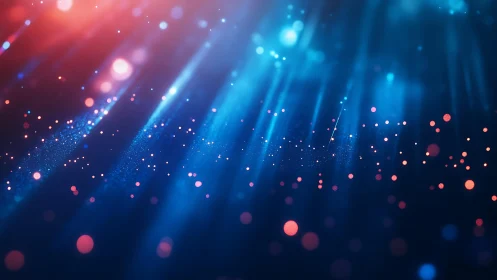 Abstract glowing light beams and bokeh particles in digital style.