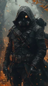 Post-apocalyptic ranger in tactical gas mask and embers.