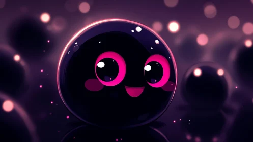 Smiling glossy blob character glows in soft neon bokeh field
