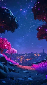 Neon forest path under starry violet night sky.