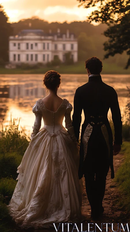 Regency couple strolls by lake at sunset beside manor house.