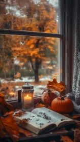 Autumn still life by rainy window captures warm candlelit ambiance