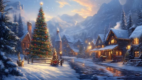 Snowy alpine village with glowing Christmas tree at dusk.