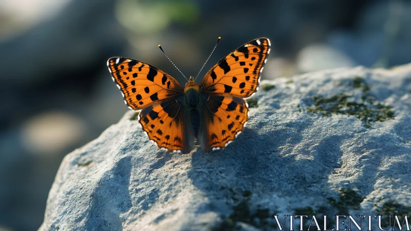 Orange butterfly rests on textured rock in natural light