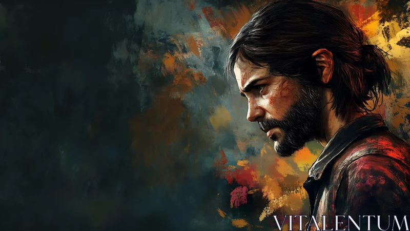 Brooding bearded man in profile against abstract colors.