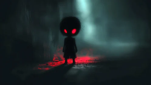 Silhouette child stands in dark corridor with glowing red eyes