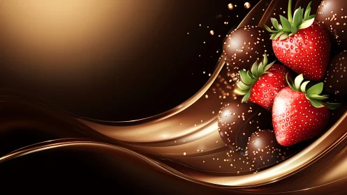 Strawberries and chocolate spheres float over glossy waves