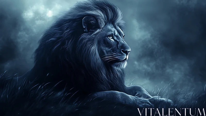 Nocturnal monochrome lion profile in misty grassland twilight