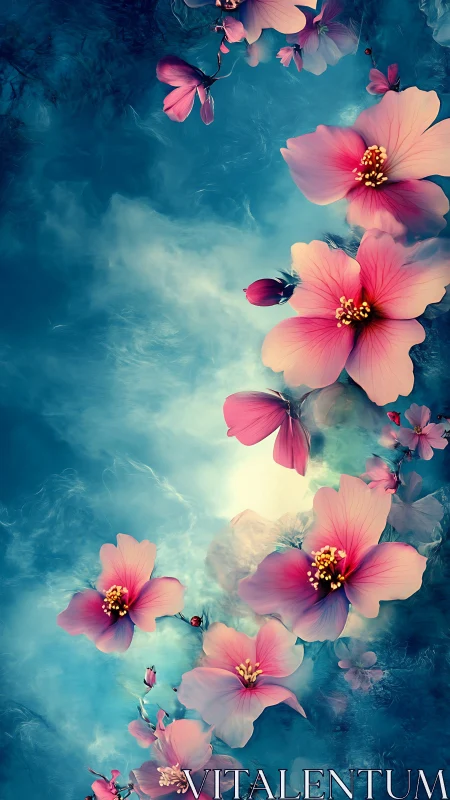 Pink Cosmos Flowers Floating in Teal Sky