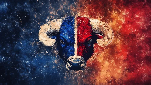 Two-tone ram head with blue and red textured background.