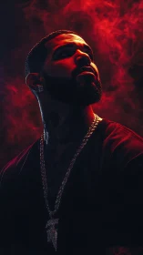 Crimson halo rises around brooding rapper in smoky shadow.