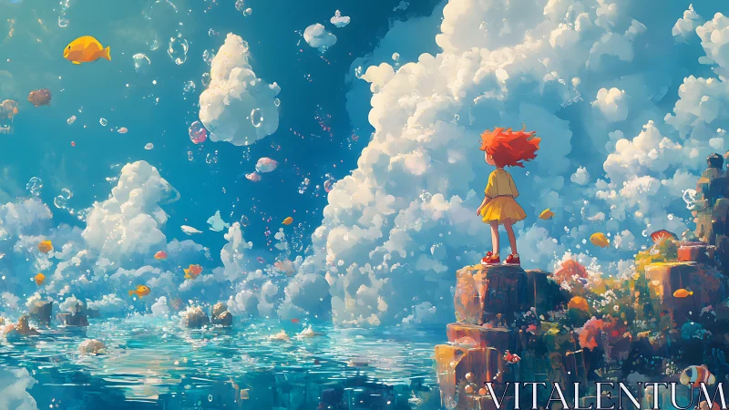 Red-haired girl gazes at floating fish in a dreamlike sky.