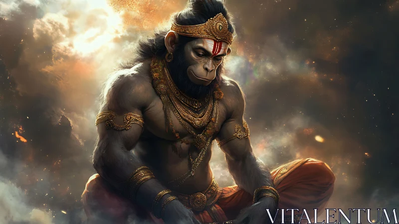 Meditative warrior monkey cloaked in celestial embers.