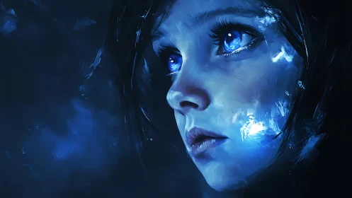 Luminescent blue portrait of girl in atmospheric close-up.
