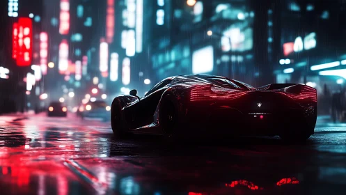 Futuristic supercar under neon rain in cyberpunk city street.